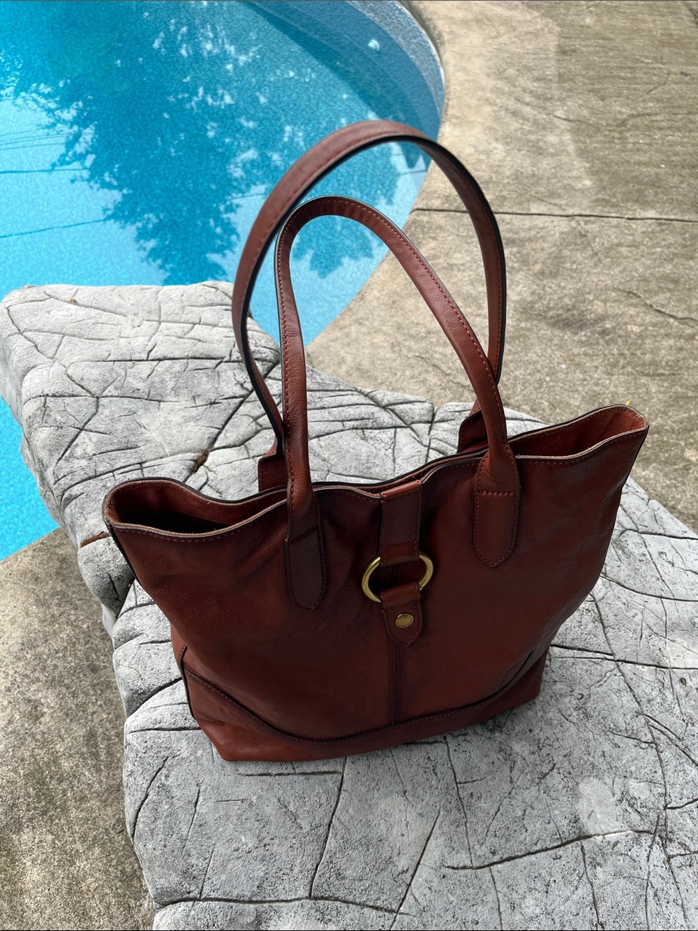 FRYE Cognac Brown Leather Ring Tote Handbag Purse Bag Carryall